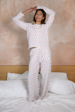 White Cherry Print Lettuce Hem Pyjama Set (2 Piece Set)